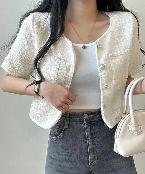 ツイード風ジャケットノーカラージャケット レディース パールボタン オフィス夏服 ショート丈アウター フォーマル カーディガン きれいめ羽織り サマージャケット夏 86SSJL-022